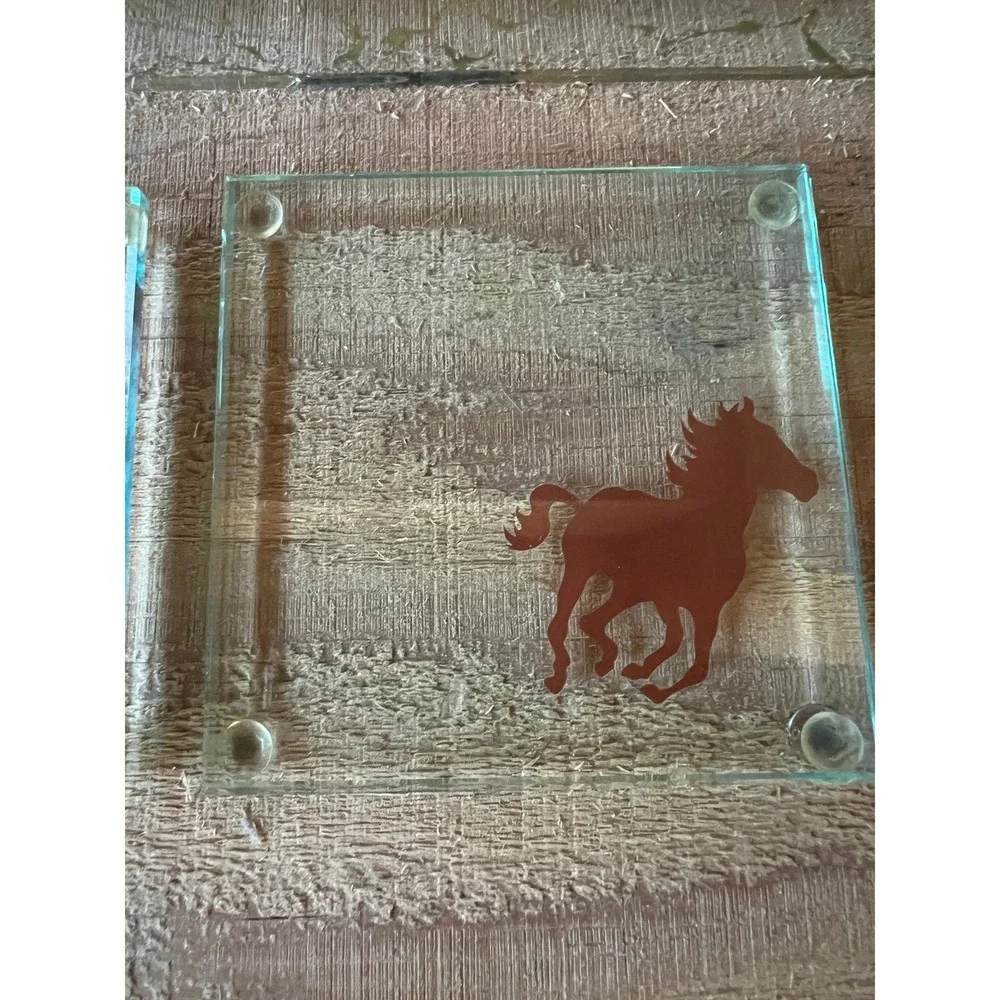 Vintage Western Horse Glass Coasters Set of 4 Rustic‎ Mountain Cabin Decor 4x4